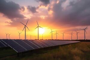 solare pannelli e vento turbine a tramonto, alternativa energia fonte. concetto di rinnovabile energia. solare pannelli e vento turbine campo con un' Bellissima, ai generato foto