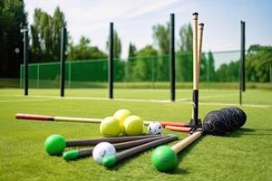 gli sport attrezzatura su il verde erba nel il stadio. golf, badminton, golf, croquet. gli sport attrezzatura su un' verde campo, ai generato foto