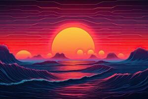 tramonto al di sopra di il mare con onde. illustrazione nel un' piatto stile. synthwave tramonto paesaggio anni 80 retrò synthwave colore, ai generato foto
