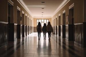 Due donne a piedi nel il corridoio di un vecchio Ospedale. 3d rendering, adolescenziale scuola bambini in piedi nel davanti di armadietto, ai generato foto