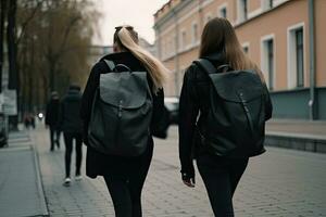 indietro Visualizza di Due giovane donne con zaini a piedi su il strada, Università studenti con il computer portatile borse su loro Indietro, ai generato foto