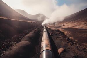 vapore In arrivo su di un' tubo nel il deserto di Maui, Hawaii, il geotermico energia industria tubatura, ai generato foto