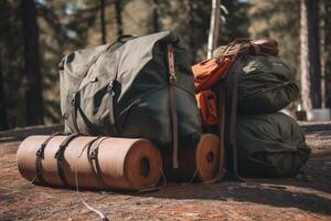 zaino e campeggio attrezzatura su il rocce nel il foresta. viaggio concetto, viaggio borse nel davanti di un' campeggio tenda escursioni a piedi Ingranaggio, ai generato foto