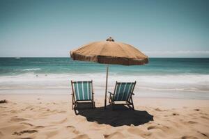 spiaggia sedia e ombrello su il bellissimo tropicale spiaggia Vintage ▾ filtro, Due facile sedie posteriore Visualizza su il spiaggia con un' foto