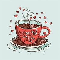 tazza di caffè con cuore. illustrazione nel mano disegnato stile. caffè san valentino giorno clipart, ai generato foto