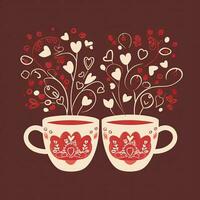San Valentino giorno saluto carta con Due tazze e cuori. caffè san valentino giorno clipart, ai generato foto