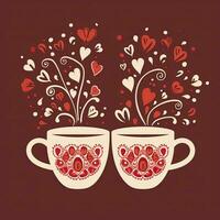 San Valentino giorno saluto carta con tazza di caffè e cuori, caffè san valentino giorno clipart, ai generato foto