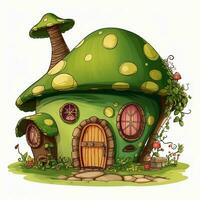 illustrazione di un' verde fantasia Casa con funghi su un' bianca sfondo, verde Fata Casa clipart, ai generato foto