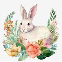 coniglio con fiori e le foglie. acquerello illustrazione su bianca sfondo. floreale Pasqua coniglietto clipart, ai generato foto