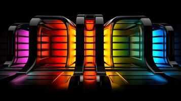 astratto futuristico sfondo con moderno forma. sci fi neon raggiante lampade nel un' buio corridoio. riflessi su il pavimento e muri. techology futuristico sfondo, generativo ai illustrazione foto