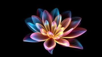 multicolore neon leggero disegno, astratto forma fiori isolato su nero sfondo. raggiante linea arte. il illuminazione di vivace splendore di neon fiore, generativo ai illustrazione foto