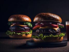 hamburger con formaggio e Manzo su tavolo su buio sfondo. veloce cibo concetto. generativo ai foto