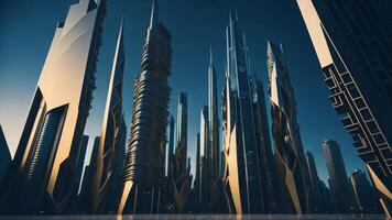 futuristico città nel bicchiere oro e blu colori con blu cielo. ai generato foto