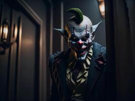 raccapricciante clown in piedi nel il porta, Halloween concetto. ai generato foto