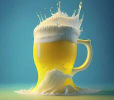 bicchiere di birra con bellissimo schiuma su giallo sfondo. ai generato foto