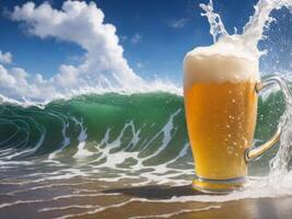 fresco birra boccale su il spiaggia. ai generato foto