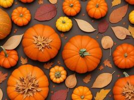 autunnale elementi con zucche e foglie, ai generato foto