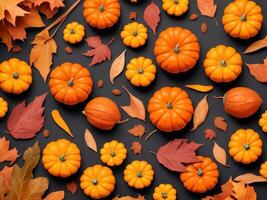 autunnale elementi con zucche e foglie, ai generato foto