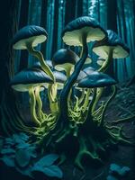 colorato, raggiante funghi nel un' mistico foresta. creato con generativo ai Software. foto