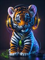 3d illustrazione di un' bambino tigre indossare cuffie per icona o logo foto