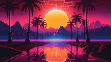 generativo ai, anni 80 retrò futuristico fantascienza., nostalgico anni 90. notte e tramonto neon colori, cyberpunk Vintage ▾ illustrazione. sole, montagne e palme. retrowave vj video gioco paesaggio. foto