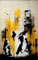 generativo ai, inchiostro nero strada graffiti arte su un' strutturato carta Vintage ▾ sfondo, ispirato di Banksy. verticale manifesto. foto