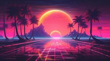 generativo ai, anni 80 retrò futuristico fantascienza., nostalgico anni 90. notte e tramonto neon colori, cyberpunk Vintage ▾ illustrazione. sole, montagne e palme. retrowave vj video gioco paesaggio. foto