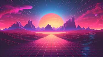 generativo ai, anni 80 retrò futuristico fantascienza., nostalgico anni 90. notte e tramonto neon colori, cyberpunk Vintage ▾ illustrazione. sole, montagne e palme. retrowave vj video gioco paesaggio. foto