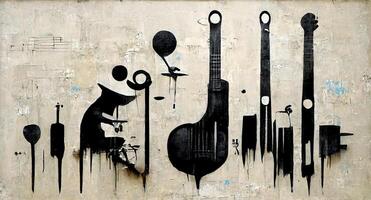 generativo ai, astratto strada arte con chiavi e musicale strumenti sagome. inchiostro colorato graffiti arte su un' strutturato carta Vintage ▾ sfondo, ispirato di Banksy. foto