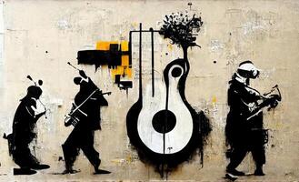 generativo ai, astratto strada arte con chiavi e musicale strumenti sagome. inchiostro colorato graffiti arte su un' strutturato carta Vintage ▾ sfondo, ispirato di Banksy. foto