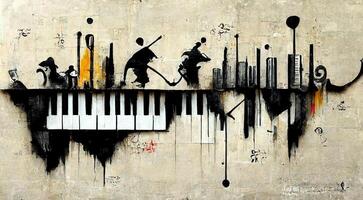 generativo ai, astratto strada arte con chiavi e musicale strumenti sagome. inchiostro colorato graffiti arte su un' strutturato carta Vintage ▾ sfondo, ispirato di Banksy. foto