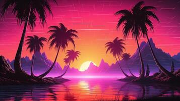 generativo ai, anni 80 retrò futuristico fantascienza., nostalgico anni 90. notte e tramonto neon colori, cyberpunk Vintage ▾ illustrazione. sole, montagne e palme. retrowave vj video gioco paesaggio. foto