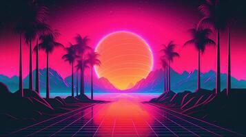 generativo ai, anni 80 retrò futuristico fantascienza., nostalgico anni 90. notte e tramonto neon colori, cyberpunk Vintage ▾ illustrazione. sole, montagne e palme. retrowave vj video gioco paesaggio. foto