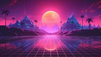 generativo ai, anni 80 retrò futuristico fantascienza., nostalgico anni 90. notte e tramonto neon colori, cyberpunk Vintage ▾ illustrazione. sole, montagne e palme. retrowave vj video gioco paesaggio. foto