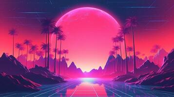 generativo ai, anni 80 retrò futuristico fantascienza., nostalgico anni 90. notte e tramonto neon colori, cyberpunk Vintage ▾ illustrazione. sole, montagne e palme. retrowave vj video gioco paesaggio. foto