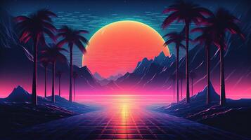 generativo ai, anni 80 retrò futuristico fantascienza., nostalgico anni 90. notte e tramonto neon colori, cyberpunk Vintage ▾ illustrazione. sole, montagne e palme. retrowave vj video gioco paesaggio. foto