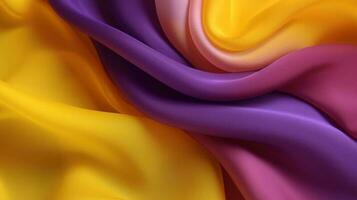 generativo ai, fluente chiffon tessuto struttura nel viola viola e giallo colore. lucido primavera striscione, Materiale 3d effetto, moderno macro fotorealistico astratto sfondo illustrazione. foto