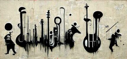 generativo ai, astratto strada arte con chiavi e musicale strumenti sagome. inchiostro colorato graffiti arte su un' strutturato carta Vintage ▾ sfondo, ispirato di Banksy. foto