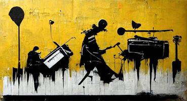 generativo ai, astratto strada arte con chiavi e musicale strumenti sagome. inchiostro colorato graffiti arte su un' strutturato carta Vintage ▾ sfondo, ispirato di Banksy. foto