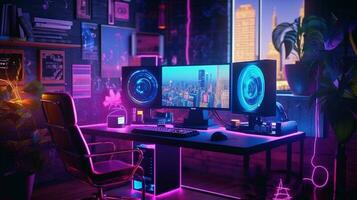 generativo ai, computer su il tavolo nel cyberpunk stile, nostalgico anni 80, anni 90. neon notte luci vivace colori, fotorealistico orizzontale illustrazione di il futuristico interno. tecnologia concetto. foto