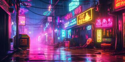 generativo ai, notte scena di grande città nel cyberpunk stile, futuristico nostalgico anni 80, anni 90. neon luci vivace colori, fotorealistico orizzontale illustrazione. foto