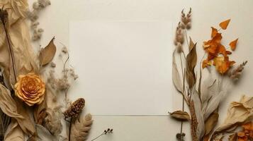 generativo ai, boemo bianca vuoto foglio carta circondato di naturale secco le foglie e impianti, manifesto finto su foto