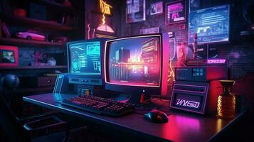 generativo ai, computer su il tavolo nel cyberpunk stile, nostalgico anni 80, anni 90. neon notte luci vivace colori, fotorealistico orizzontale illustrazione di il futuristico interno. tecnologia concetto. foto