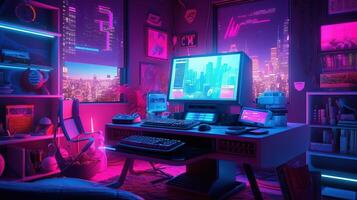 generativo ai, computer su il tavolo nel cyberpunk stile, nostalgico anni 80, anni 90. neon notte luci vivace colori, fotorealistico orizzontale illustrazione di il futuristico interno. tecnologia concetto. foto