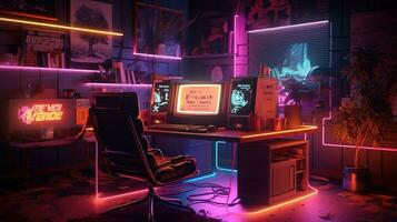 generativo ai, computer su il tavolo nel cyberpunk stile, nostalgico anni 80, anni 90. neon notte luci vivace colori, fotorealistico orizzontale illustrazione di il futuristico interno. tecnologia concetto. foto