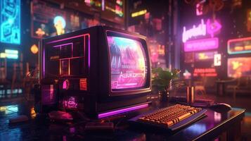 generativo ai, computer su il tavolo nel cyberpunk stile, nostalgico anni 80, anni 90. neon notte luci vivace colori, fotorealistico orizzontale illustrazione di il futuristico interno. tecnologia concetto. foto