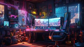 generativo ai, computer su il tavolo nel cyberpunk stile, nostalgico anni 80, anni 90. neon notte luci vivace colori, fotorealistico orizzontale illustrazione di il futuristico interno. tecnologia concetto. foto