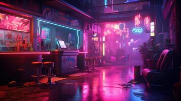 generativo ai, cyberpunk stile bar o bar. notte scena di grande città, futuristico nostalgico anni 80, anni 90. neon luci vivace colori, fotorealistico orizzontale illustrazione. foto