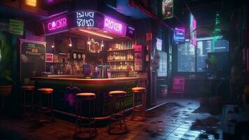 generativo ai, cyberpunk stile bar o bar. notte scena di grande città, futuristico nostalgico anni 80, anni 90. neon luci vivace colori, fotorealistico orizzontale illustrazione. foto