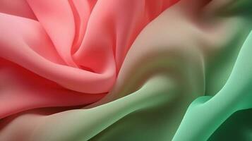 generativo ai, fluente chiffon tessuto struttura nel leggero rosa e verde colore. lucido primavera striscione, Materiale 3d effetto, moderno macro fotorealistico astratto sfondo illustrazione foto